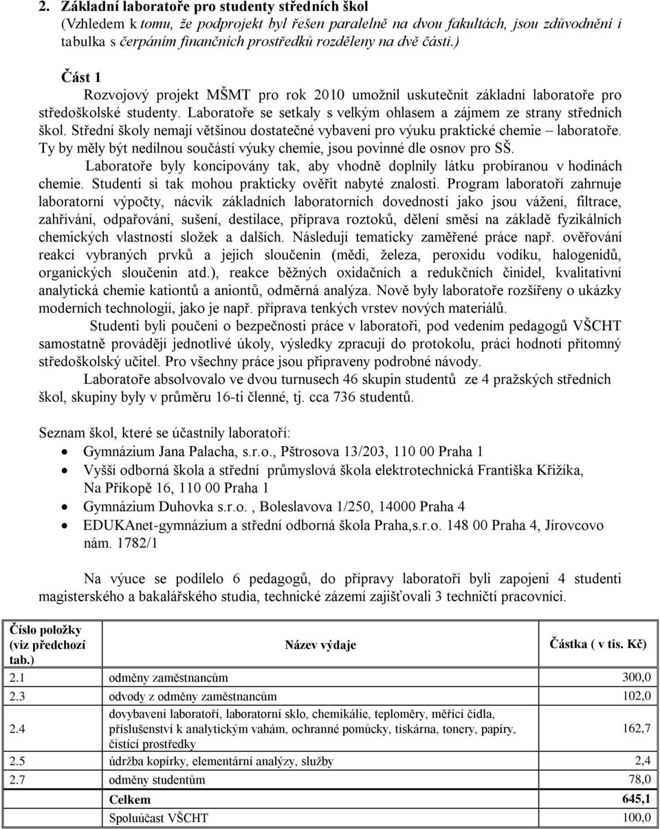 Střední školy nemají většinou dostatečné vybavení pro výuku praktické chemie laboratoře. Ty by měly být nedílnou součástí výuky chemie, jsou povinné dle osnov pro SŠ.