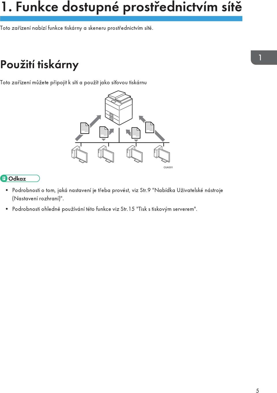 Použití tiskárny Toto zařízení můžete připojit k síti a použít jako síťovou tiskárnu CUA301