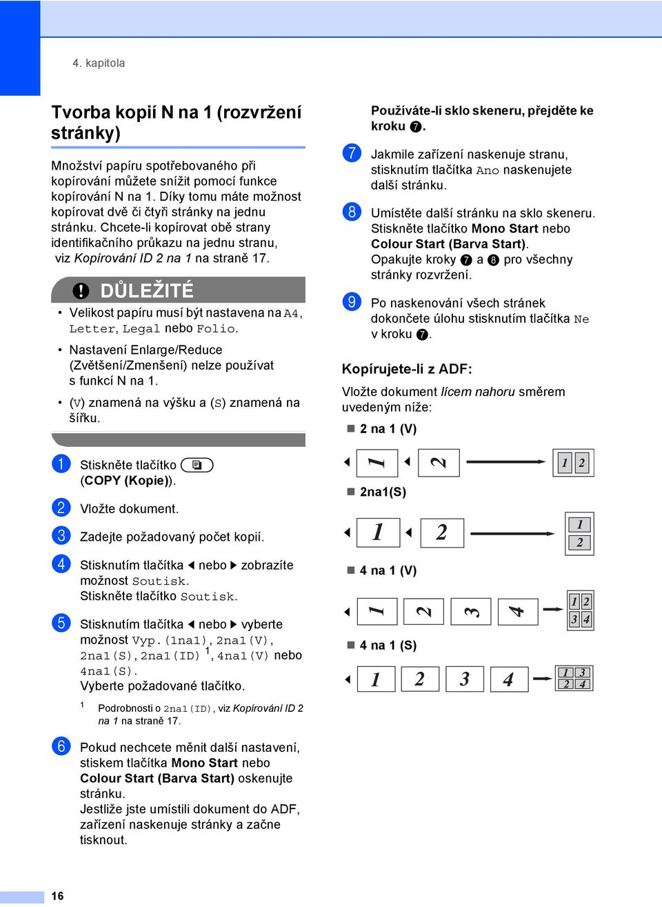 DŮLEŽITÉ Velikost papíru musí být nastavena na A4, Letter, Legal nebo Folio. Nastavení Enlarge/Reduce (Zvětšení/Zmenšení) nelze používat s funkcí N na. (V) znamená na výšku a (S) znamená na šířku.