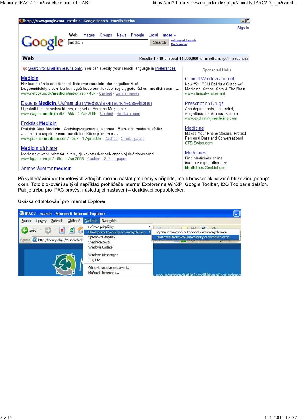 browser aktivované blokování popup oken.