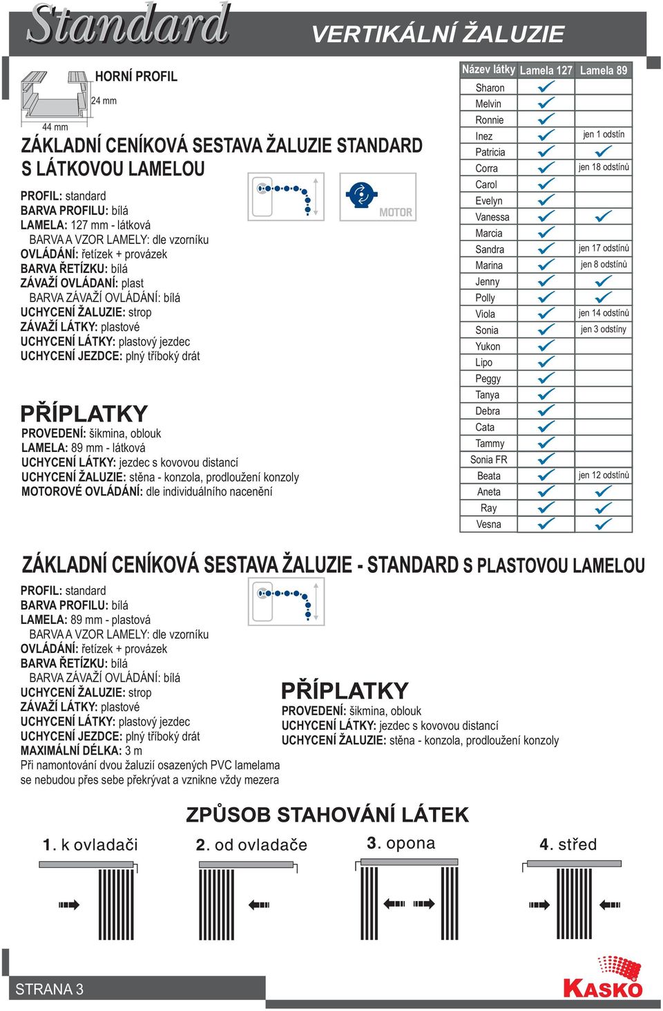 plný tøíboký drát PROVEDENÍ: šikmina, oblouk LAMELA: 89 mm - látková UCHYCENÍ LÁTKY: jezdec s kovovou distancí UCHYCENÍ ŽALUZIE: stìna - konzola, prodloužení konzoly MOTOROVÉ OVLÁDÁNÍ: dle