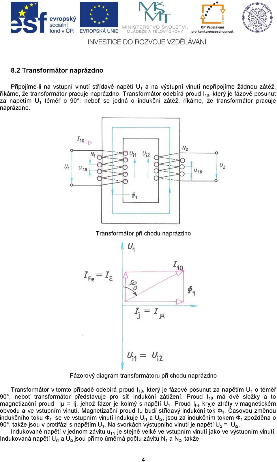 Transformátor při chodu naprázdno Fázorový diagram transformátoru při chodu naprázdno Transformátor v tomto případě odebírá proud I 10, který je fázově posunut za napětím U 1 o téměř 90, neboť