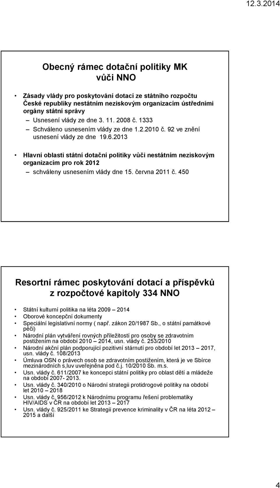 2013 Hlavní oblasti státní dotační politiky vůči nestátním neziskovým organizacím pro rok 2012 schváleny usnesením vlády dne 15. června 2011 č.