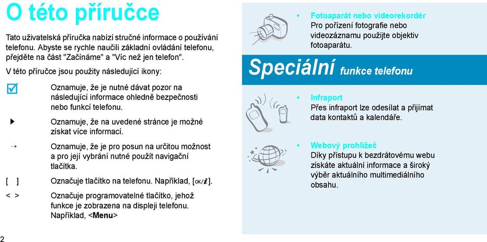 Oznamuje, že na uvedené stránce je možné získat více informací. Oznamuje, že je pro posun na určitou možnost a pro její vybrání nutné použít navigační tlačítka. [ ] Označuje tlačítko na telefonu.