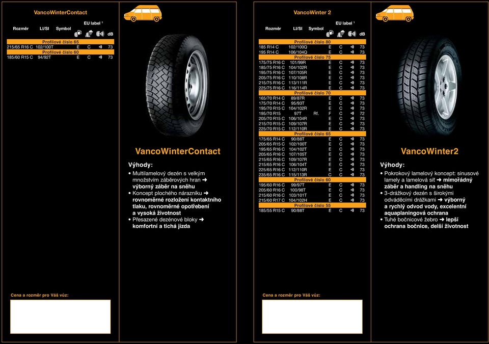 R14 C 106/104Q E C 73 Profilové číslo 75 175/75 R16 C 101/99R E C 73 185/75 R16 C 104/102R E C 73 195/75 R16 C 107/105R E C 73 205/75 R16 C 110/108R E C 73 215/75 R16 C 113/111R E C 73 225/75 R16 C