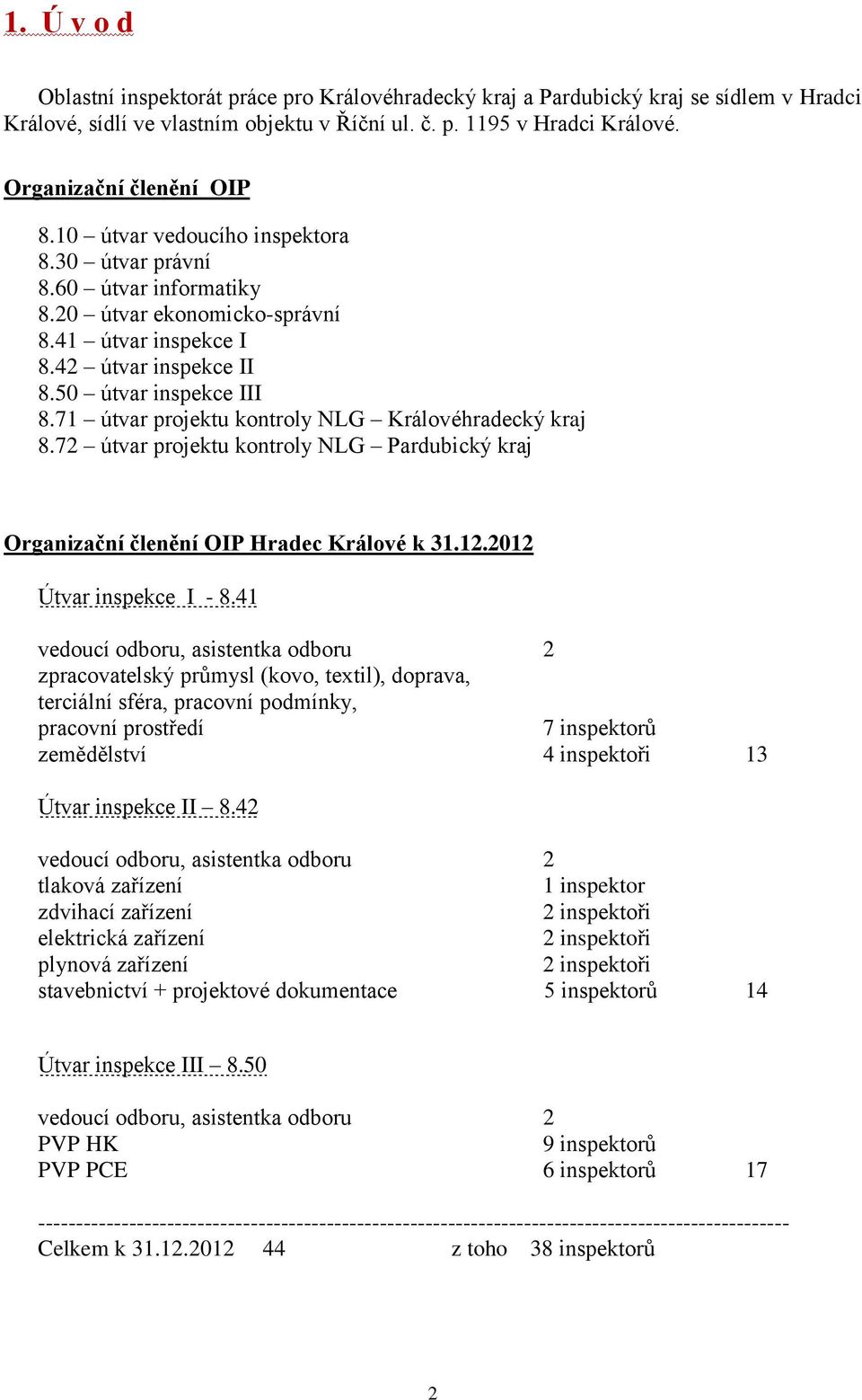71 útvar projektu kontroly NLG Královéhradecký kraj 8.72 útvar projektu kontroly NLG Pardubický kraj Organizační členění OIP Hradec Králové k 31.12.2012 Útvar inspekce I - 8.