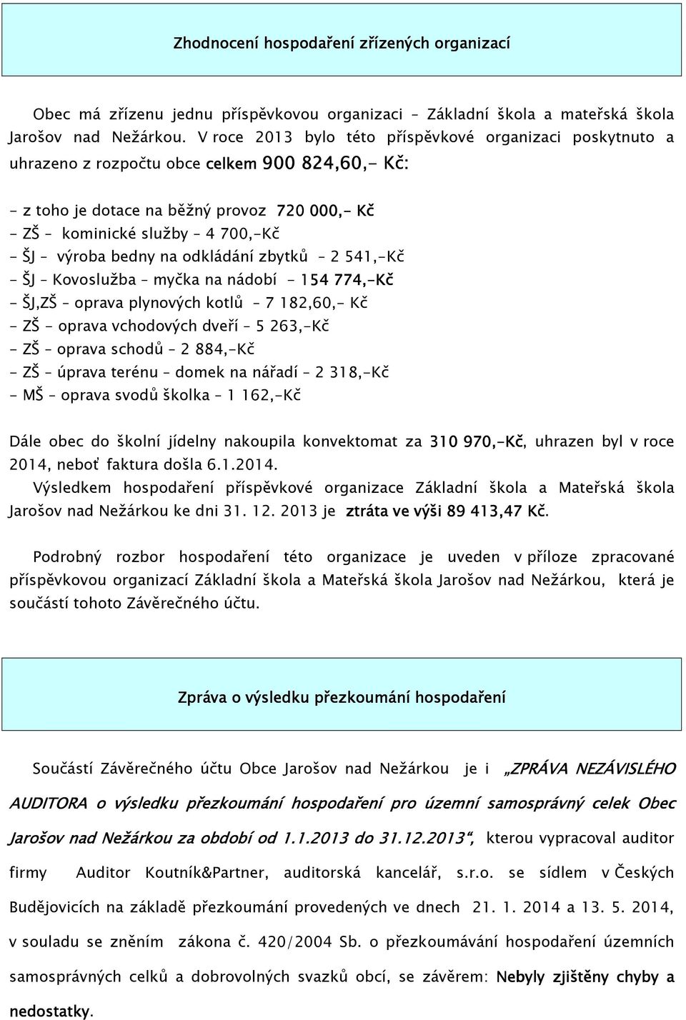 výroba bedny na odkládání zbytků 2 541,-Kč - ŠJ Kovoslužba myčka na nádobí - 154 774,-Kč - ŠJ,ZŠ oprava plynových kotlů 7 182,60,- Kč - ZŠ - oprava vchodových dveří 5 263,-Kč - ZŠ oprava schodů 2