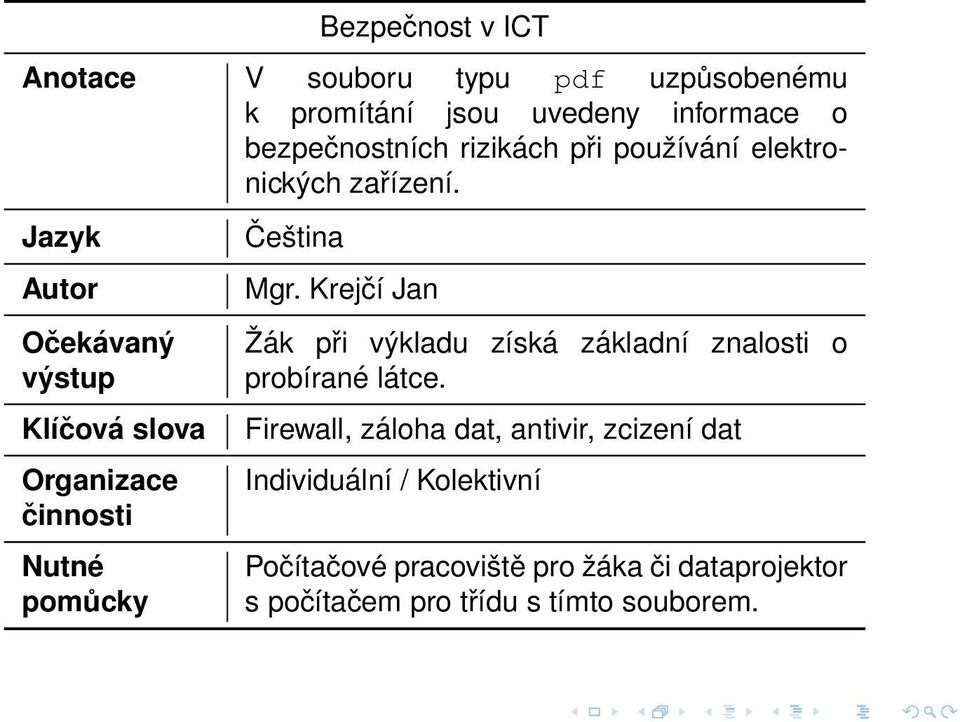 Jazyk Autor Očekávaný výstup Klíčová slova Organizace činnosti Nutné pomůcky Čeština Mgr.