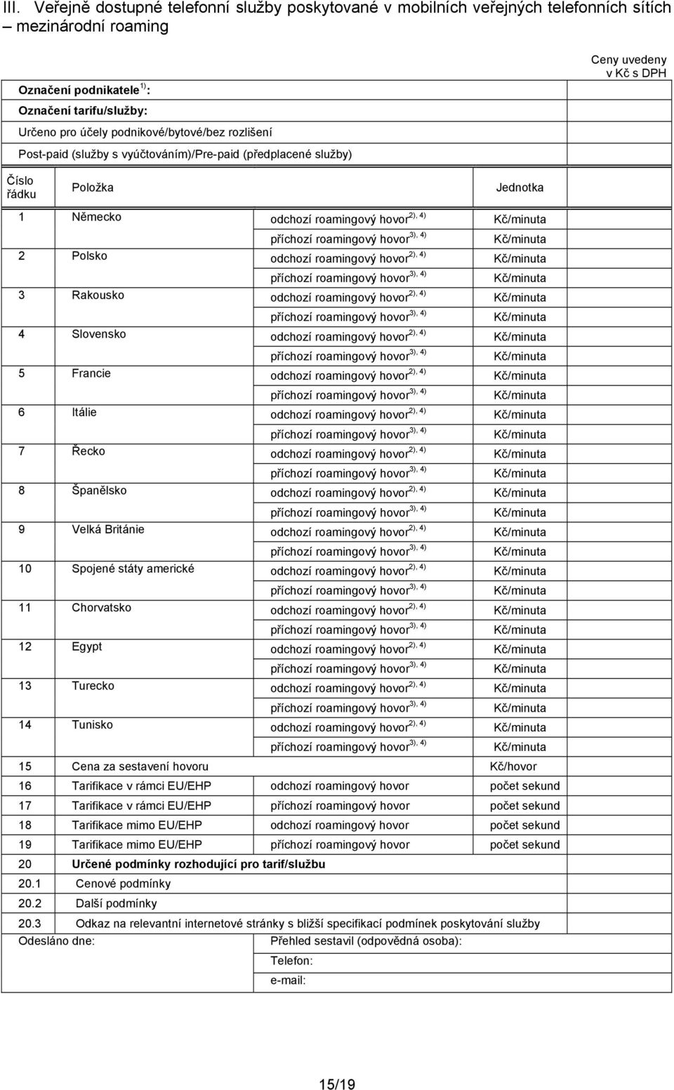 Španělsko 9 Velká Británie 10 Spojené státy americké 11 Chorvatsko 12 Egypt 13 Turecko 14 Tunisko 15 Cena za sestavení hovoru Kč/hovor 16 Tarifikace v rámci EU/EHP počet sekund 17 Tarifikace v rámci