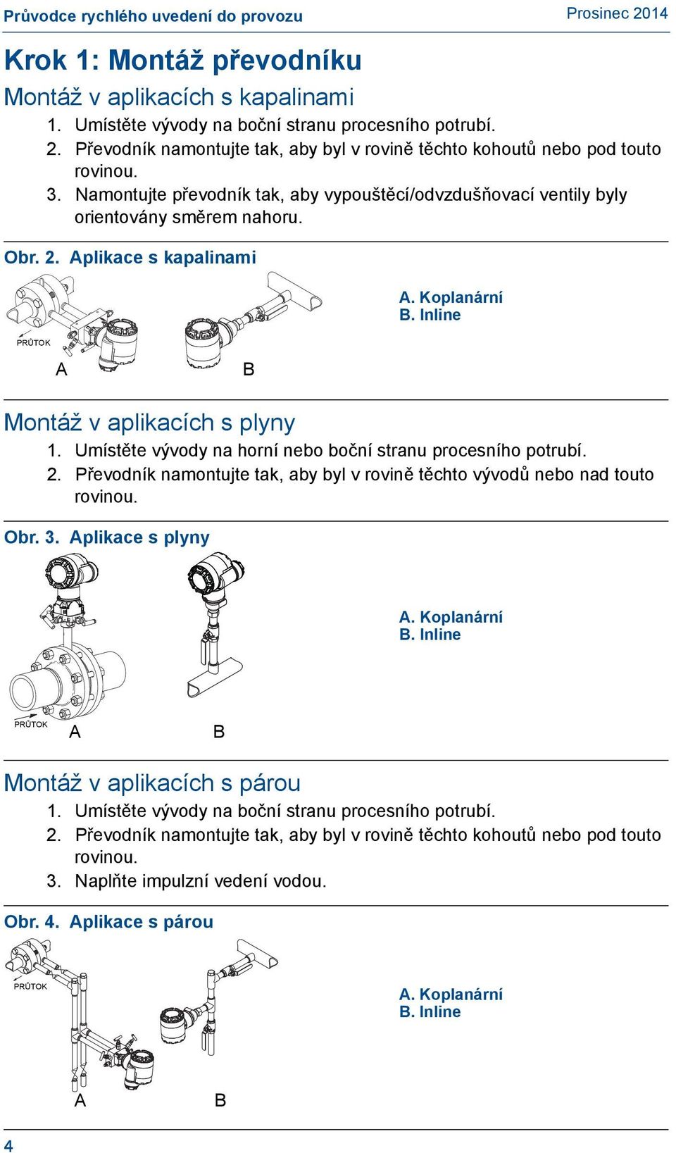 Umístěte vývody na horní nebo boční stranu procesního potrubí. 2. Převodník namontujte tak, aby byl v rovině těchto vývodů nebo nad touto rovinou. Obr. 3. Aplikace s plyny A. Koplanární B.