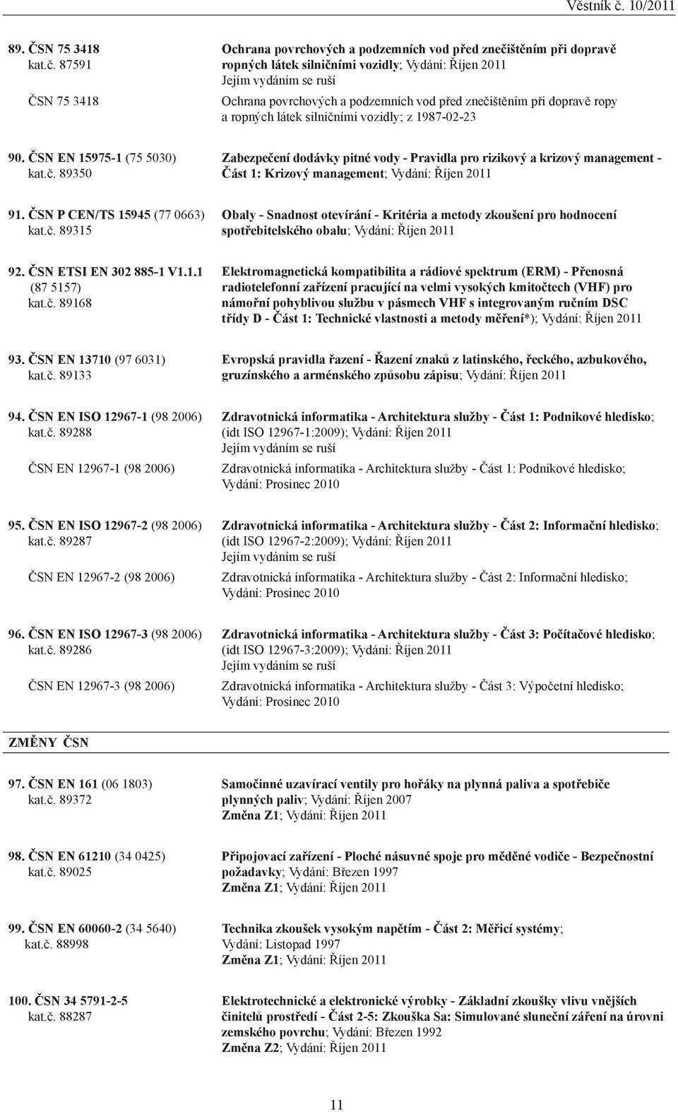 dopravě ropy a ropných látek silničními vozidly; z 1987-02-23 90. ČSN EN 15975-1 (75 5030) kat.č. 89350 Zabezpečení dodávky pitné vody - Pravidla pro rizikový a krizový management - Část 1: Krizový management; Vydání: Říjen 2011 91.