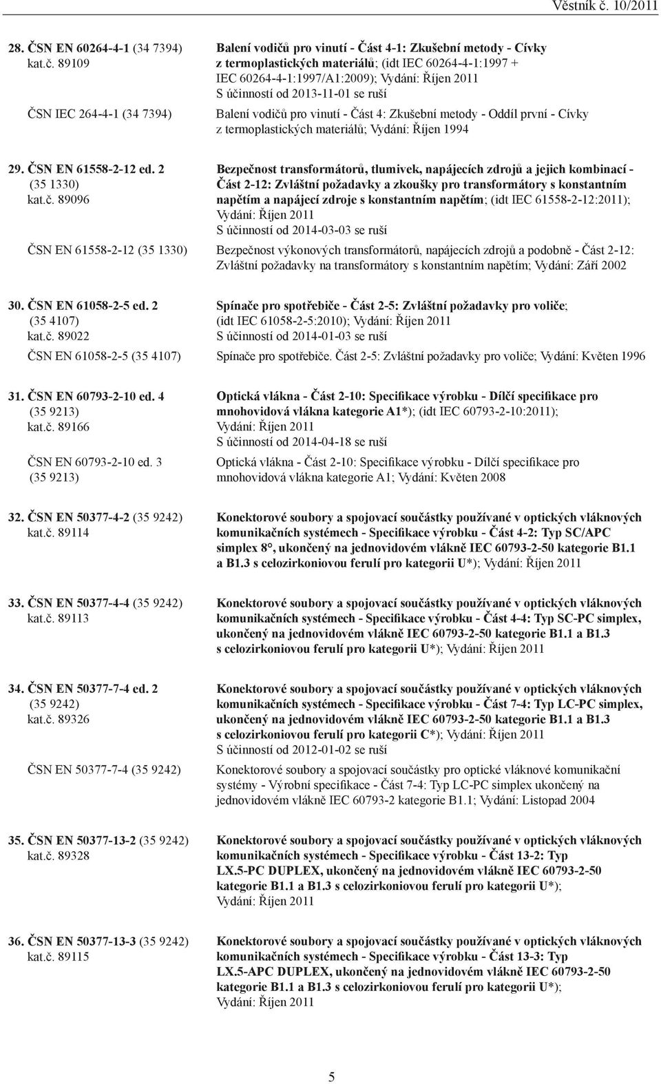 účinností od 2013-11-01 se ruší Balení vodičů pro vinutí - Část 4: Zkušební metody - Oddíl první - Cívky z termoplastických materiálů; Vydání: Říjen 1994 29. ČSN EN 61558-2-12 ed. 2 (35 1330) kat.č.