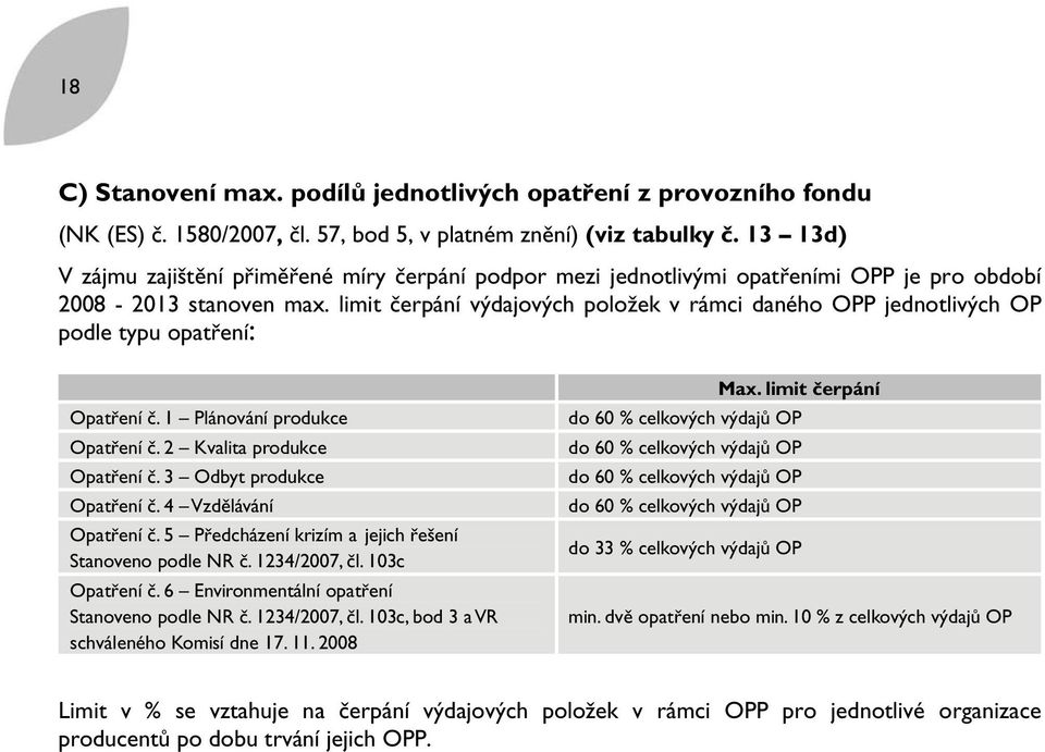 limit čerpání výdajových položek v rámci daného OPP jednotlivých OP podle typu opatření: Opatření č. 1 Plánování produkce Opatření č. 2 Kvalita produkce Opatření č. 3 Odbyt produkce Opatření č.