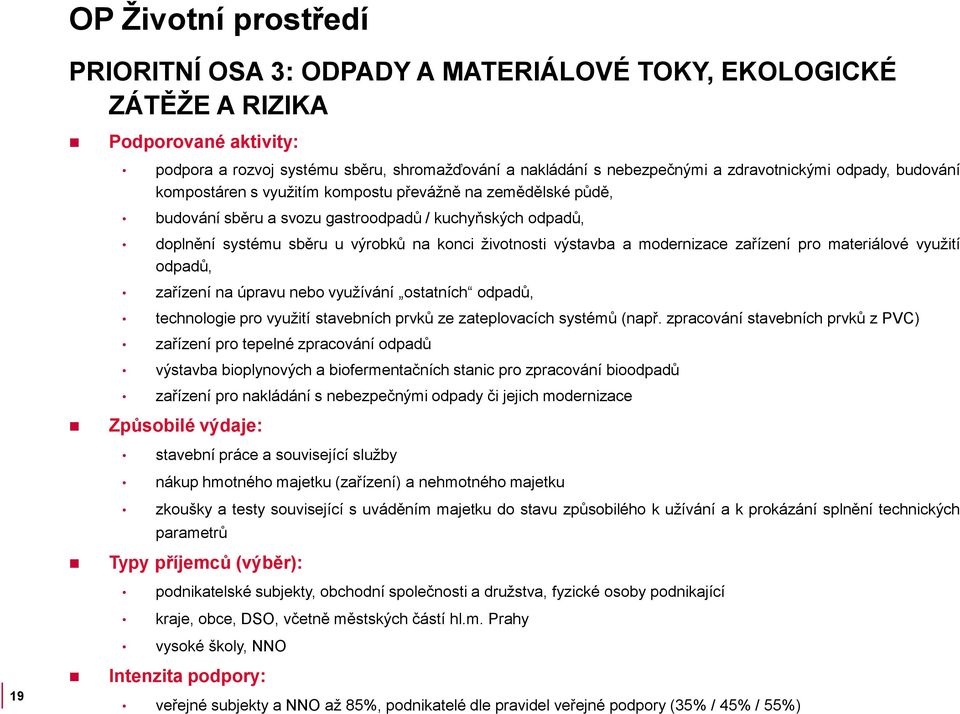 zařízení pro materiálové využití odpadů, zařízení na úpravu nebo využívání ostatních odpadů, technologie pro využití stavebních prvků ze zateplovacích systémů (např.