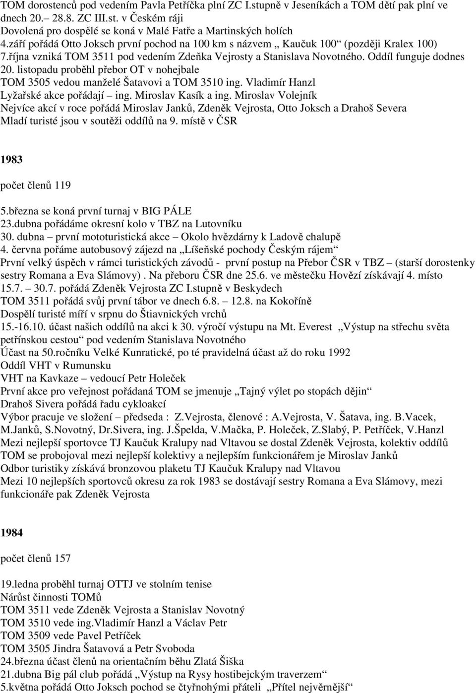 listopadu proběhl přebor OT v nohejbale TOM 3505 vedou manželé Šatavovi a TOM 3510 ing. Vladimír Hanzl Lyžařské akce pořádají ing. Miroslav Kasík a ing.