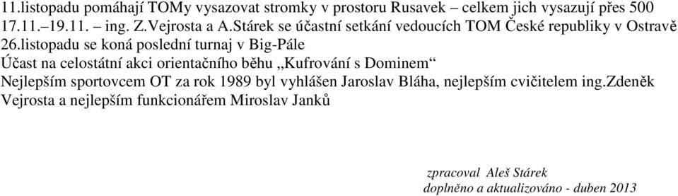 listopadu se koná poslední turnaj v Big-Pále Nejlepším sportovcem OT za rok 1989 byl vyhlášen Jaroslav Bláha,