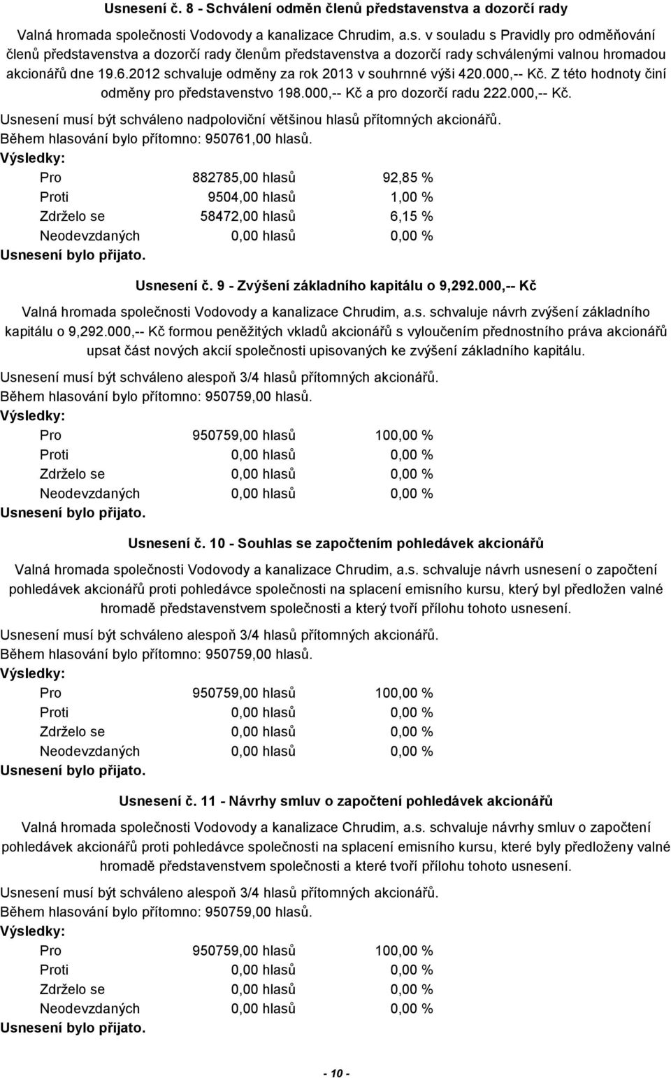 9 - Zvýšení základního kapitálu o 9,292.000,-- Kč Valná hromada společnosti Vodovody a kanalizace Chrudim, a.s. schvaluje návrh zvýšení základního kapitálu o 9,292.