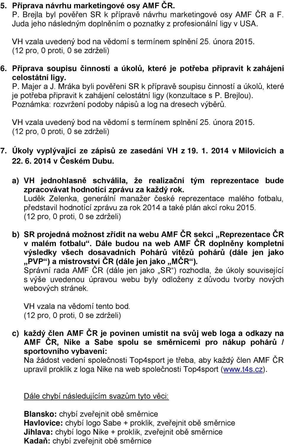 Mráka byli pověřeni SR k přípravě soupisu činností a úkolů, které je potřeba připravit k zahájení celostátní ligy (konzultace s P. Brejlou). Poznámka: rozvržení podoby nápisů a log na dresech výběrů.