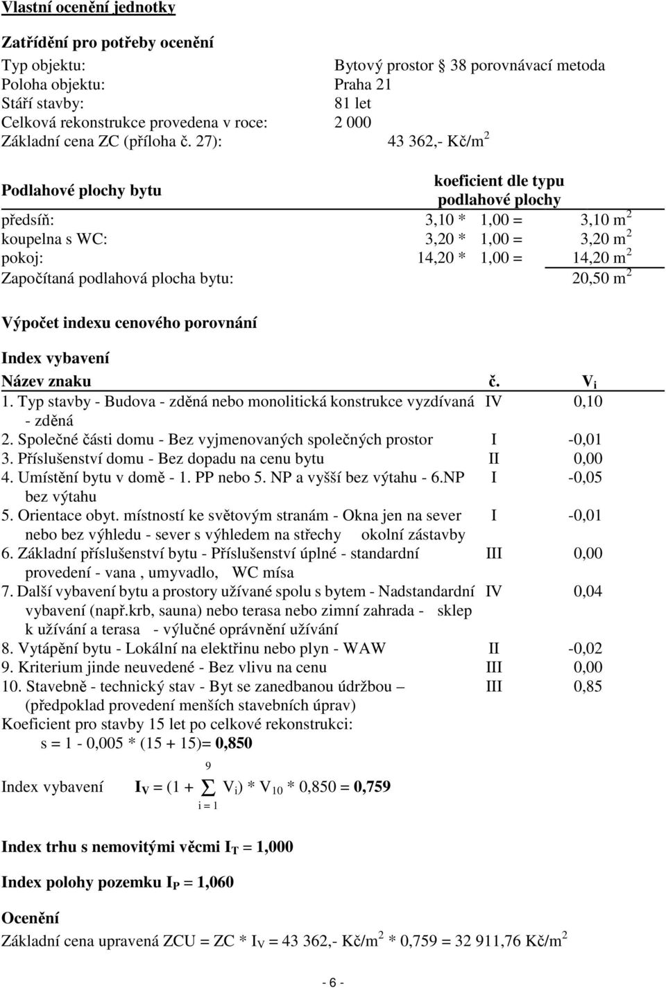 27): 43 362,- Kč/m 2 Podlahové plochy bytu koeficient dle typu podlahové plochy předsíň: 3,10 * 1,00 = 3,10 m 2 koupelna s WC: 3,20 * 1,00 = 3,20 m 2 pokoj: 14,20 * 1,00 = 14,20 m 2 Započítaná