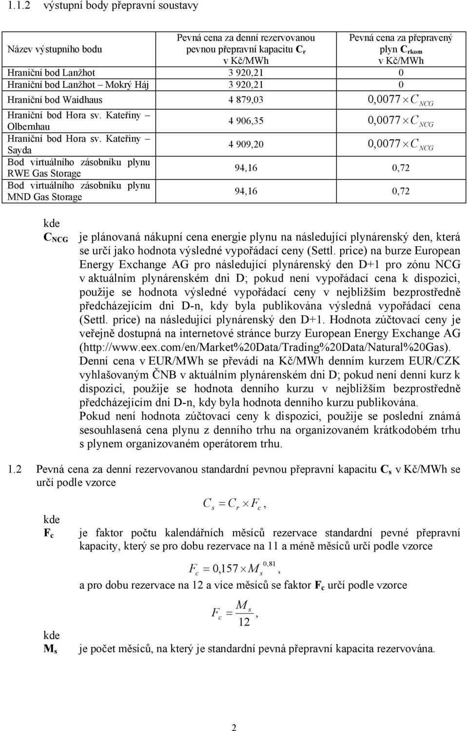 Kateřiny 4 90920 00077 C Sayda NCG Bod virtuálního zásobníku plynu RWE Gas Storage 9416 072 Bod virtuálního zásobníku plynu MND Gas Storage 9416 072 C NCG je plánovaná nákupní cena energie plynu na