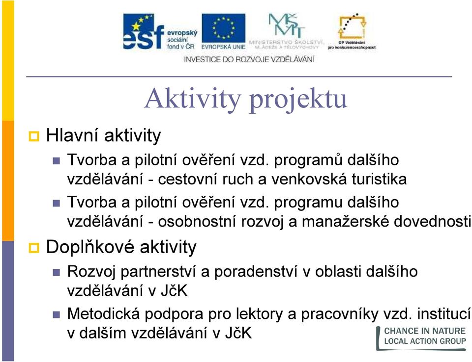 programu dalšího vzdělávání - osobnostní rozvoj a manažerské dovednosti Doplňkové aktivity Rozvoj