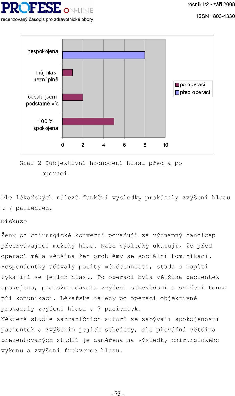 Naše výsledky ukazují, že před operací měla většina žen problémy se sociální komunikací. Respondentky udávaly pocity méněcennosti, studu a napětí týkající se jejich hlasu.