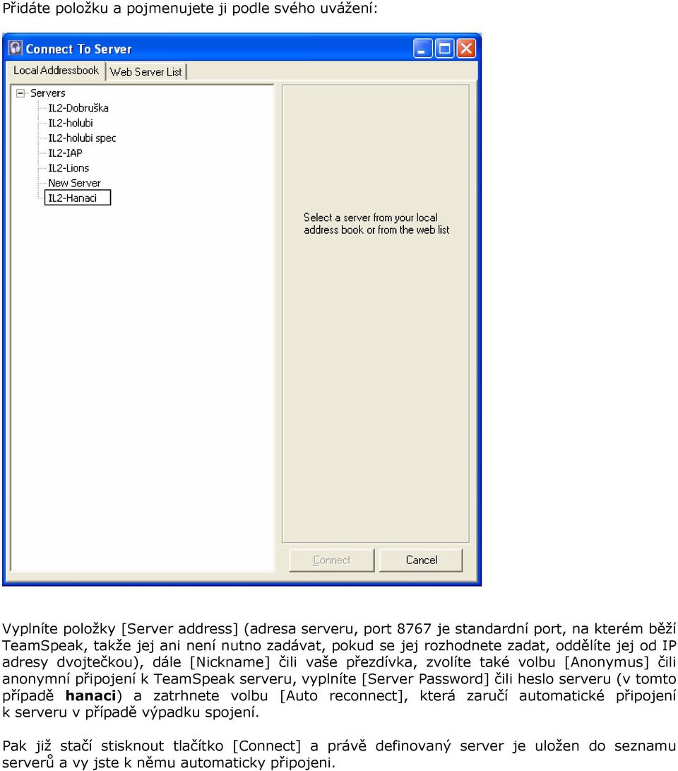 anonymní připojení k TeamSpeak serveru, vyplníte [Server Password] čili heslo serveru (v tomto případě hanaci) a zatrhnete volbu [Auto reconnect], která zaručí automatické