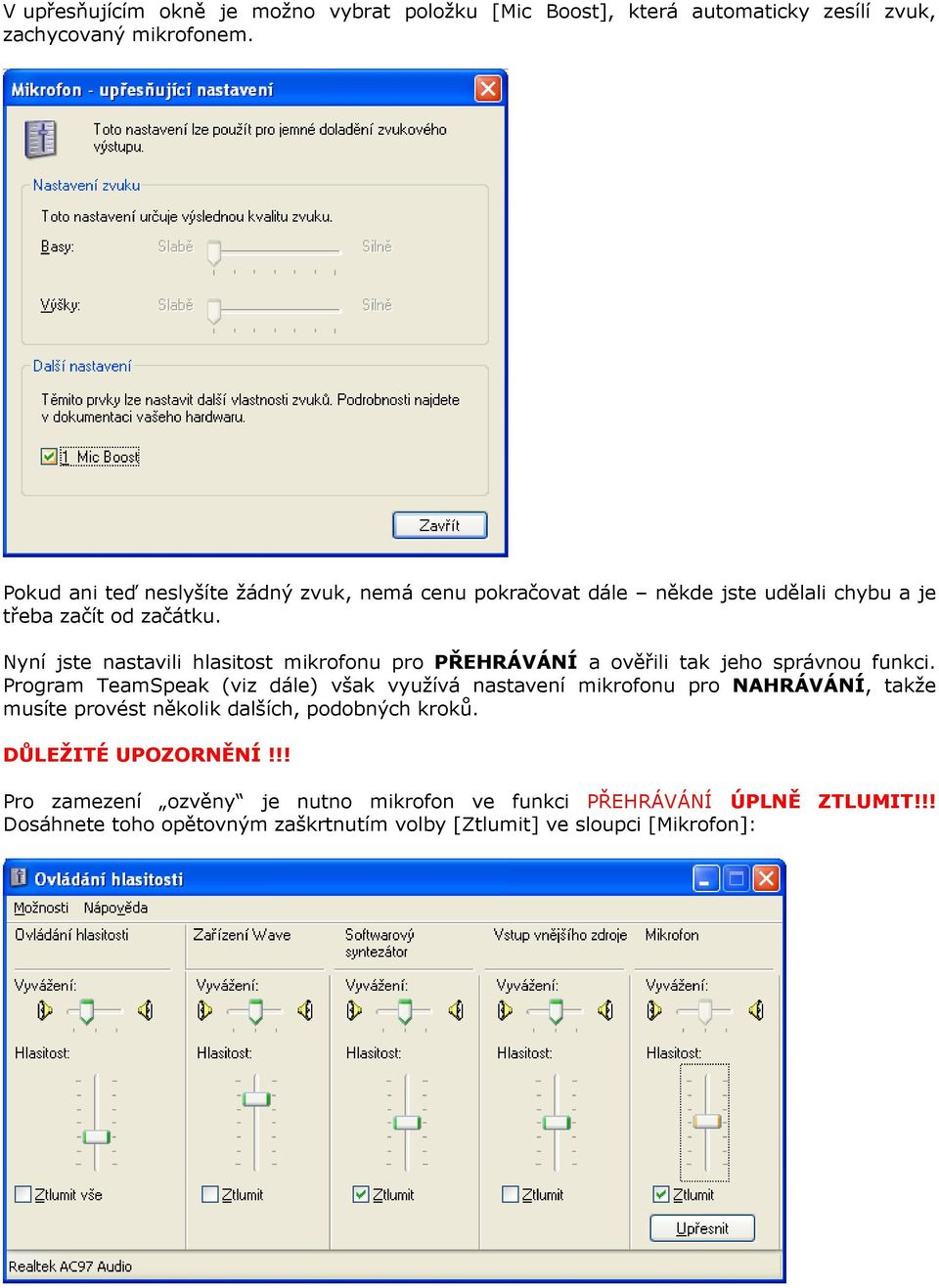 Nyní jste nastavili hlasitost mikrofonu pro PŘEHRÁVÁNÍ a ověřili tak jeho správnou funkci.