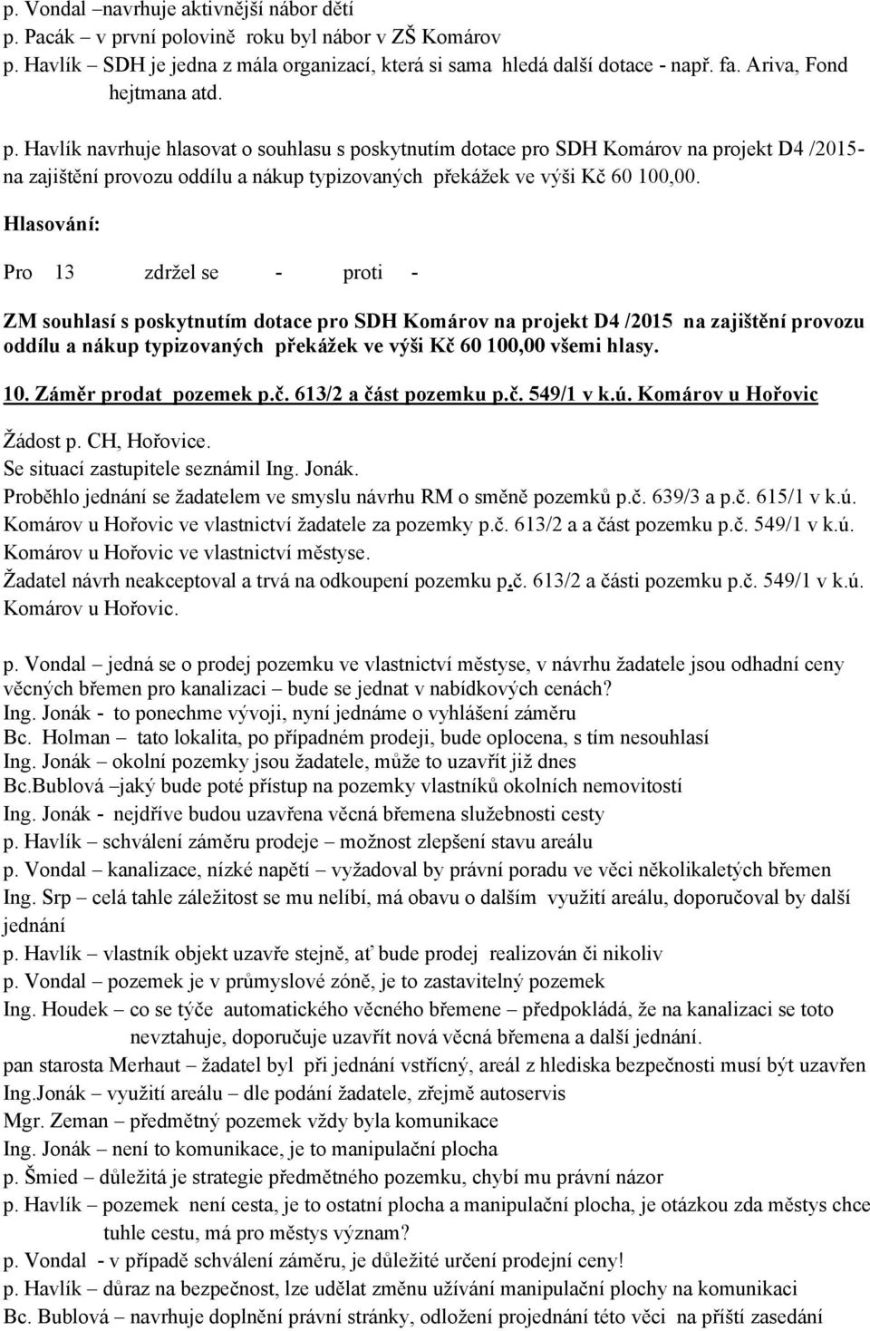 Havlík navrhuje hlasovat o souhlasu s poskytnutím dotace pro SDH Komárov na projekt D4 /2015- na zajištění provozu oddílu a nákup typizovaných překážek ve výši Kč 60 100,00.