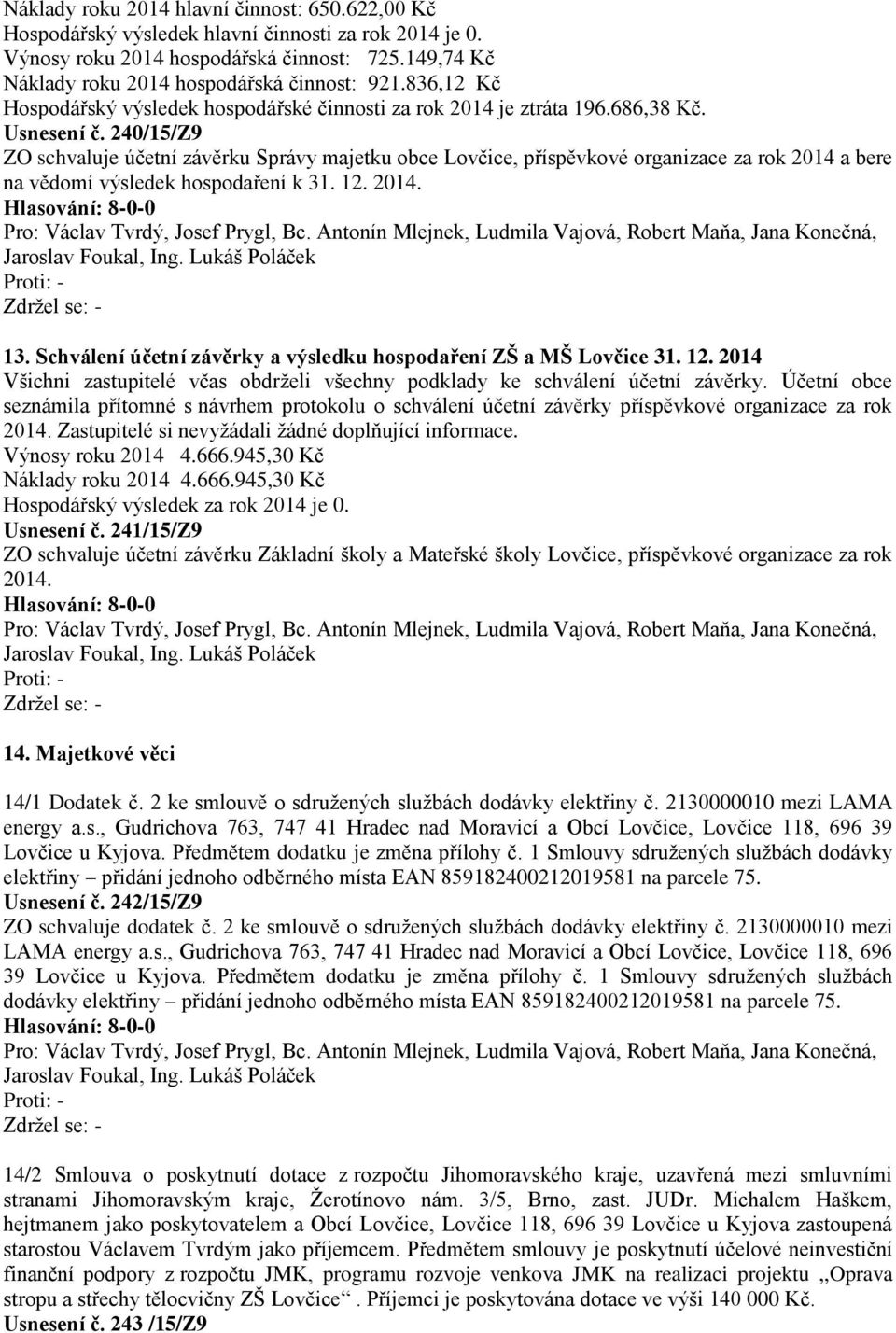 240/15/Z9 ZO schvaluje účetní závěrku Správy majetku obce Lovčice, příspěvkové organizace za rok 2014 a bere na vědomí výsledek hospodaření k 31. 12. 2014. 13.