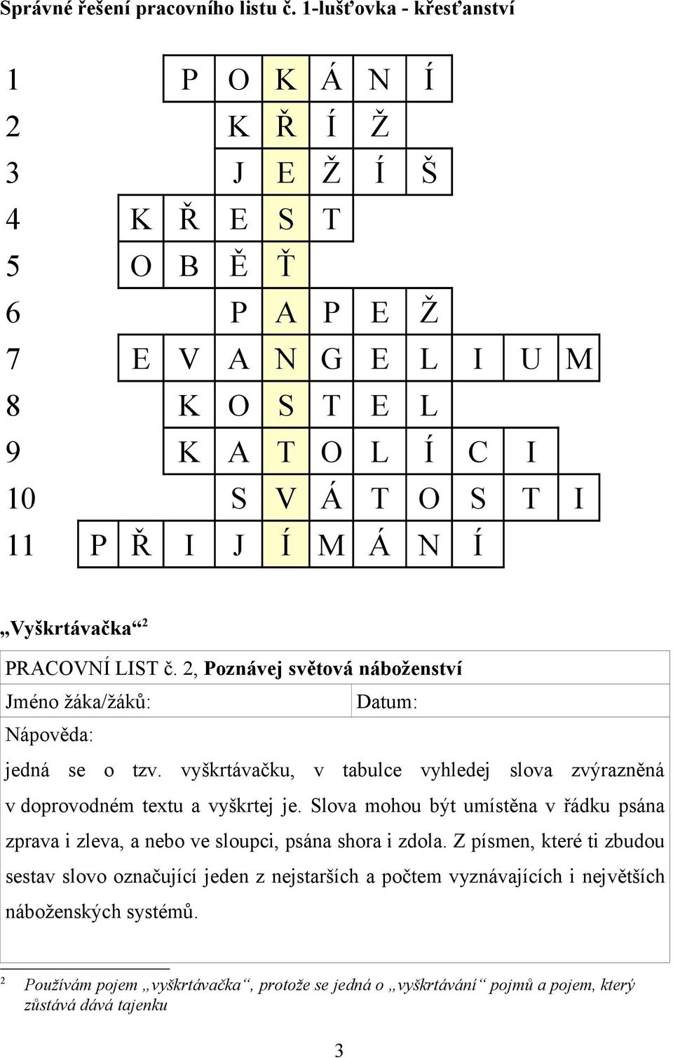 Í Vyškrtávačka 2 PRACOVNÍ LIST č. 2, Poznávej světová náboženství Jméno žáka/žáků: Datum: Nápověda: jedná se o tzv.