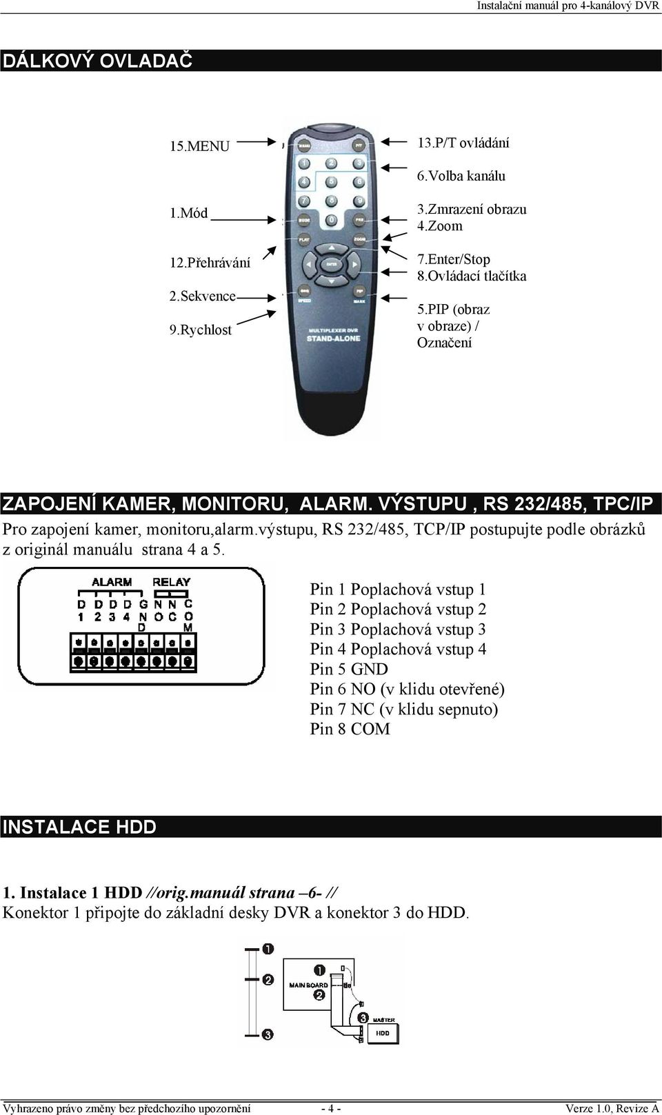 výstupu, RS 232/485, TCP/IP postupujte podle obrázků z originál manuálu strana 4 a 5.