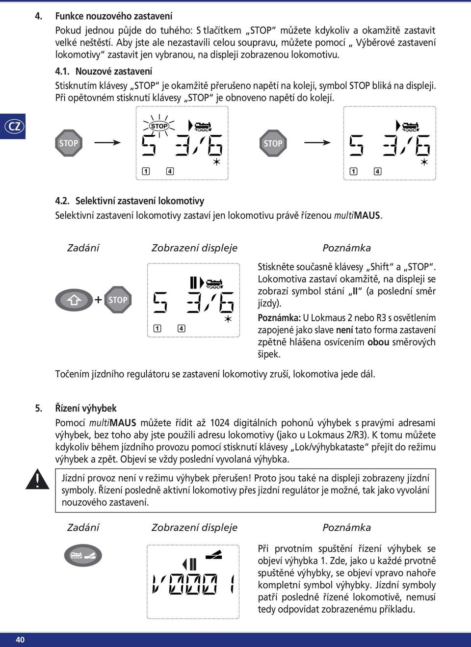 Nouzové zastavení Stisknutím klávesy STOP je okamžitě přerušeno napětí na koleji, symbol STOP bliká na displeji. Při opětovném stisknutí klávesy STOP je obnoveno napětí do kolejí. STOP STOP 4.2.