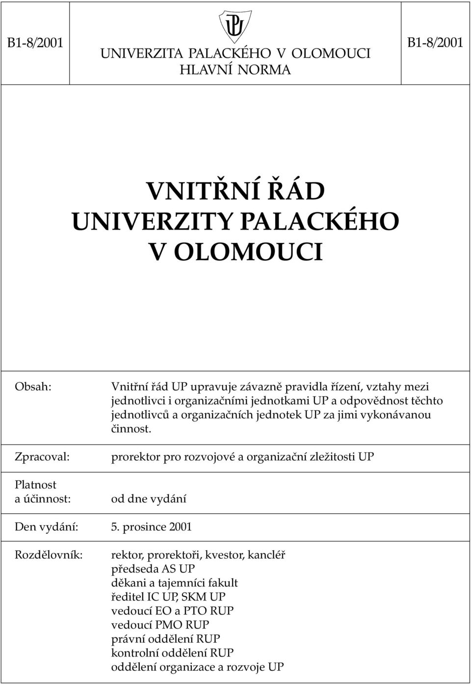 vykonávanou činnost. prorektor pro rozvojové a organizační zležitosti UP od dne vydání Den vydání: 5.