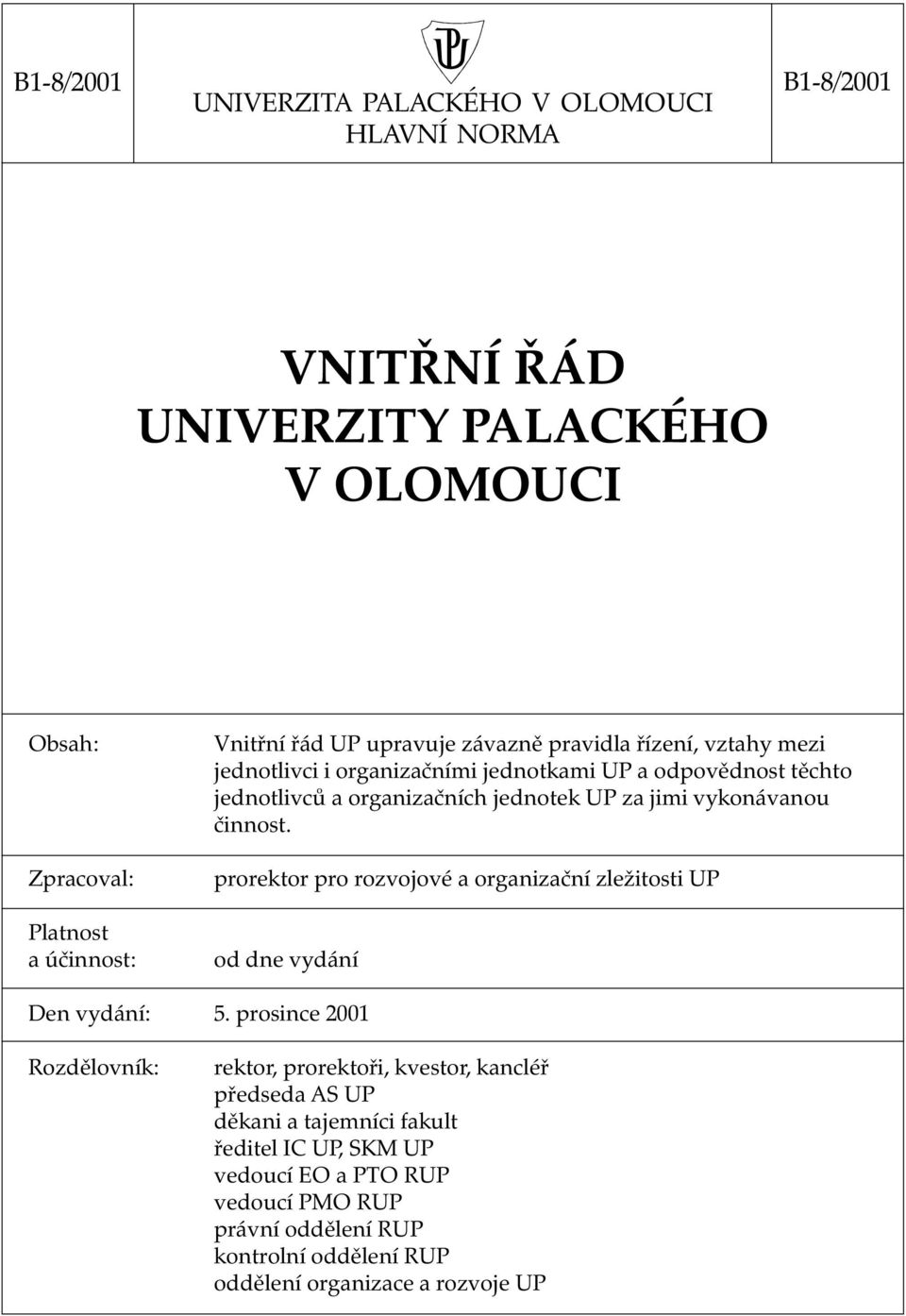 vykonávanou činnost. prorektor pro rozvojové a organizační zležitosti UP od dne vydání Den vydání: 5.