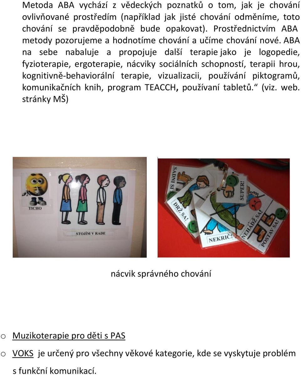 ABA na sebe nabaluje a propojuje další terapie jako je logopedie, fyzioterapie, ergoterapie, nácviky sociálních schopností, terapii hrou, kognitivně-behaviorální terapie,