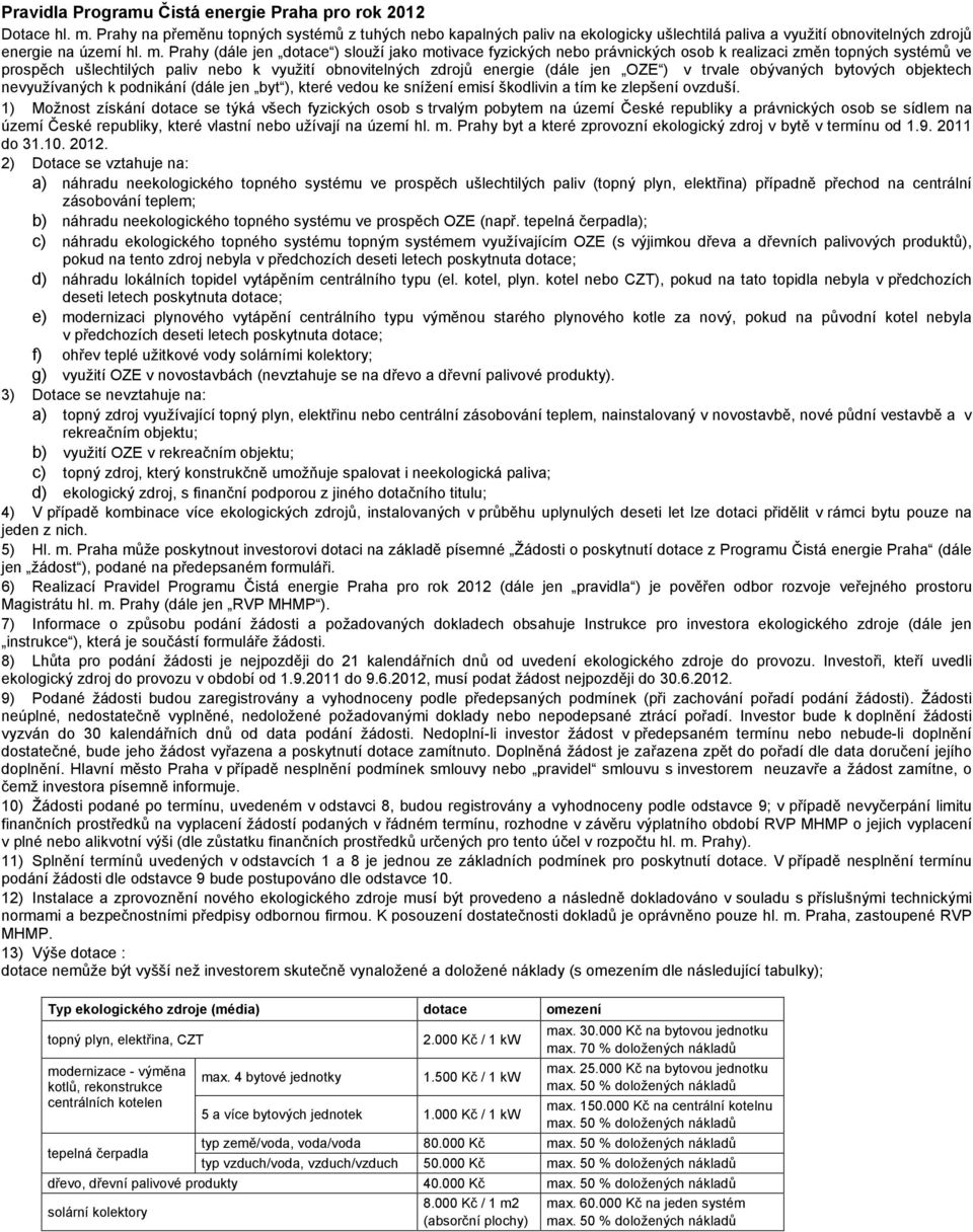 Prahy (dále jen dotace ) slouží jako motivace fyzických nebo právnických osob k realizaci změn topných systémů ve prospěch ušlechtilých paliv nebo k využití obnovitelných zdrojů energie (dále jen OZE