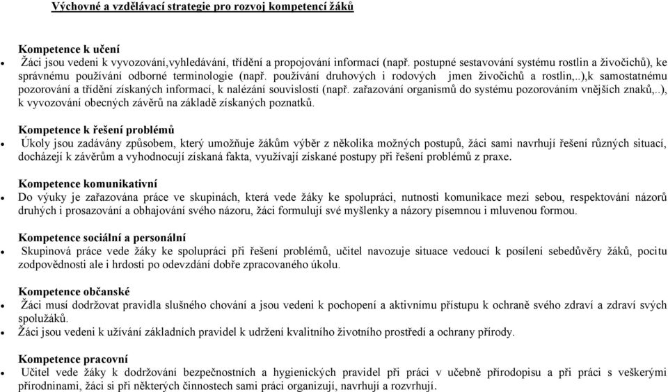 .),k samostatnému pozorování a třídění získaných informací, k nalézání souvislostí (např. zařazování organismů do systému pozorováním vnějších znaků,.