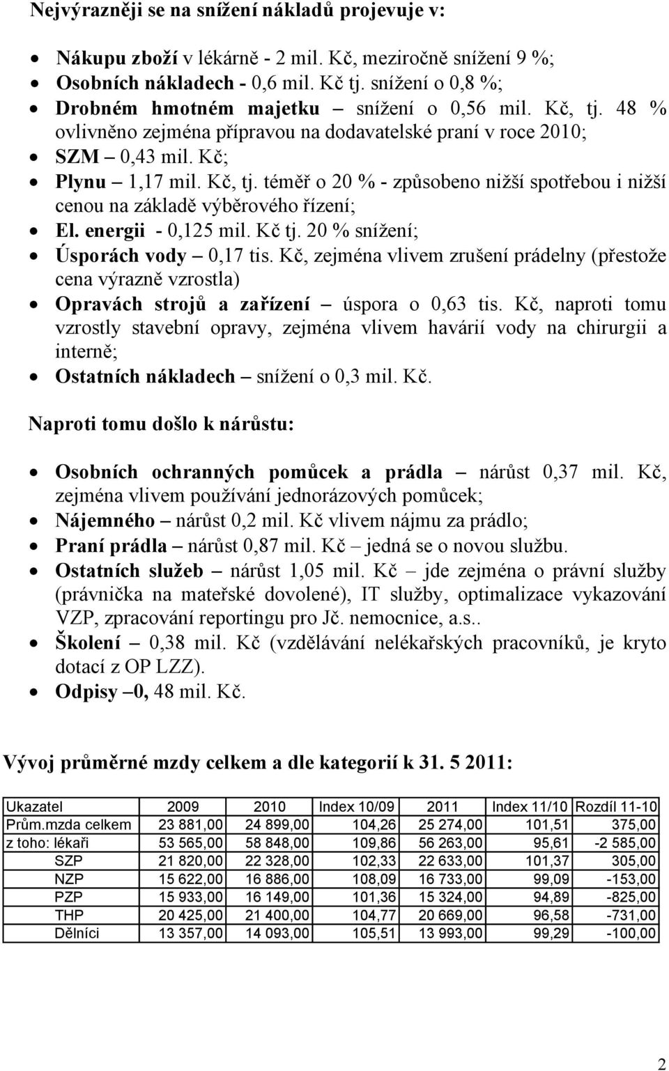 energii - 0,125 mil. Kč tj. 20 % snížení; Úsporách vody 0,17 tis. Kč, zejména vlivem zrušení prádelny (přestože cena výrazně vzrostla) Opravách strojů a zařízení úspora o 0,63 tis.