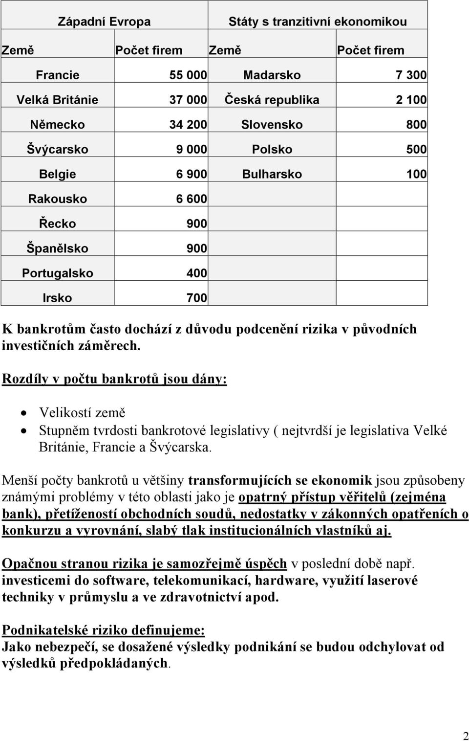 Rozdíly v počtu bankrotů jsou dány: Velikostí země Stupněm tvrdosti bankrotové legislativy ( nejtvrdší je legislativa Velké Británie, Francie a Švýcarska.