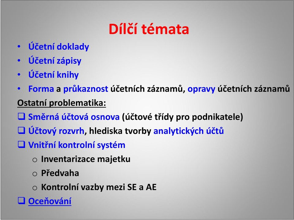 třídy pro podnikatele) Účtový rozvrh, hlediska tvorby analytických účtů Vnitřní