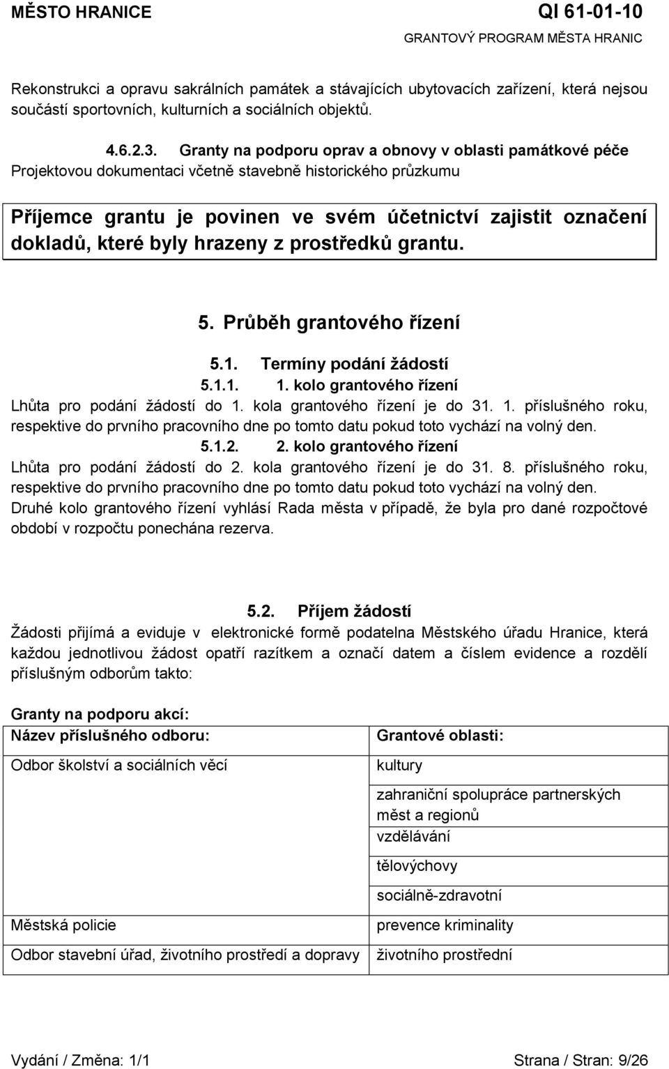 grantového řízení 51 Termíny podání ţádostí 511 1 kolo grantového řízení Lhůta pro podání ţádostí do 1 kola grantového řízení je do 31 1 příslušného roku, respektive do prvního pracovního dne po