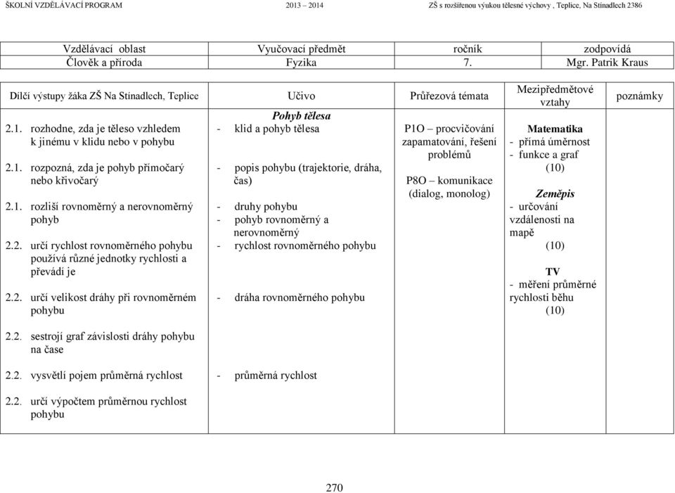 2. určí rychlost rovnoměrného pohybu používá různé jednotky rychlosti a převádí je 2.2. určí velikost dráhy při rovnoměrném pohybu 2.2. sestrojí graf závislosti dráhy pohybu na čase Pohyb tělesa -