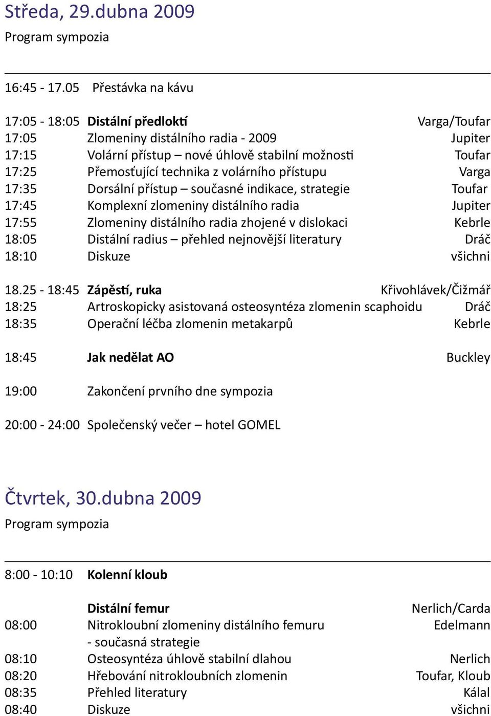 volárního přístupu Varga 17:35 Dorsální přístup současné indikace, strategie Toufar 17:45 Komplexní zlomeniny distálního radia Jupiter 17:55 Zlomeniny distálního radia zhojené v dislokaci Kebrle