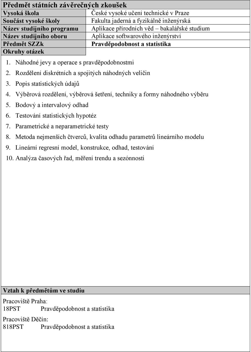 Testování statistických hypotéz 7. Parametrické a neparametrické testy 8. Metoda nejmenších čtverců, kvalita odhadu parametrů lineárního modelu 9.