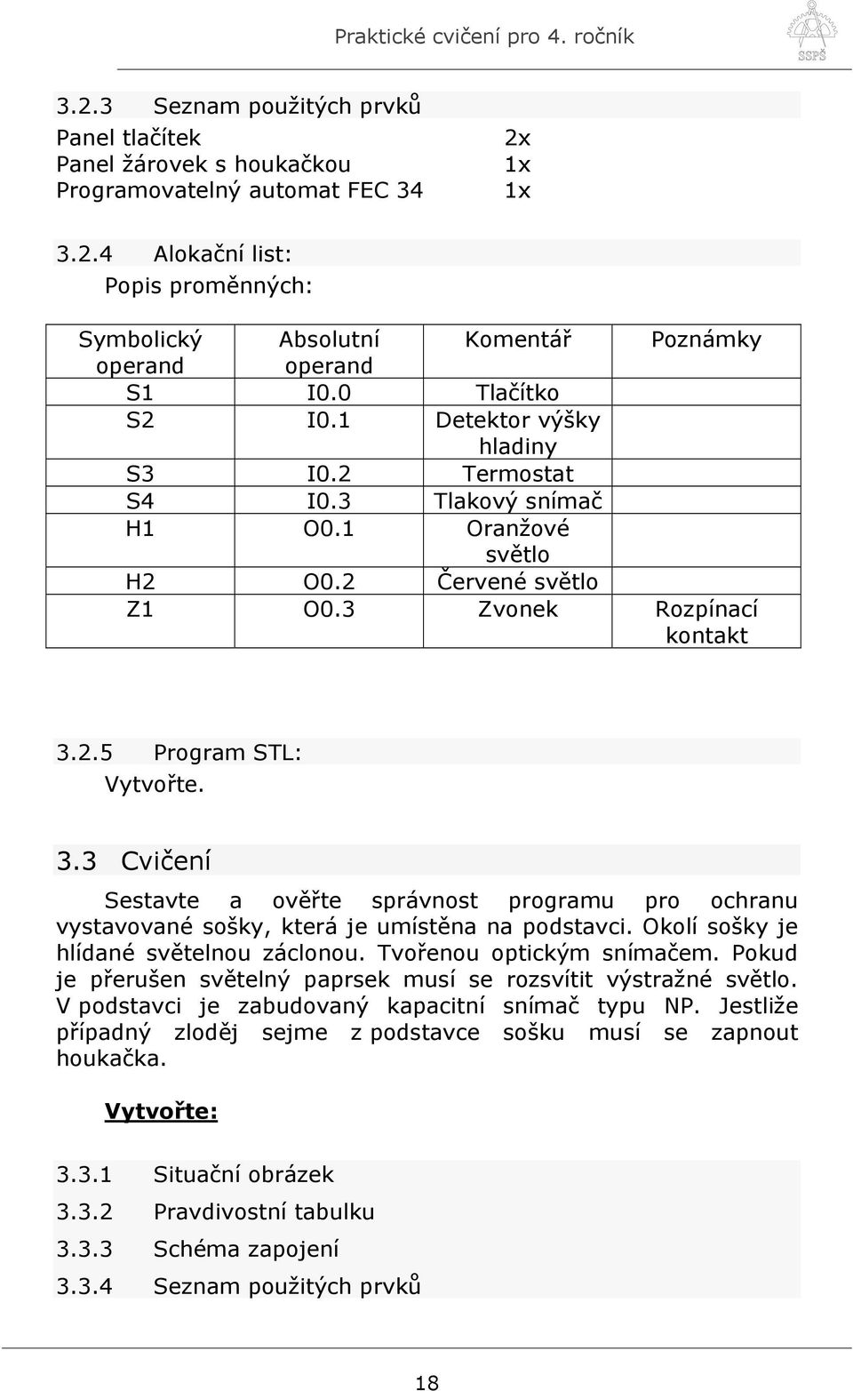 2.5 Program STL: Vytvořte. 3.3 Cvičení Sestavte a ověřte správnost programu pro ochranu vystavované sošky, která je umístěna na podstavci. Okolí sošky je hlídané světelnou záclonou.