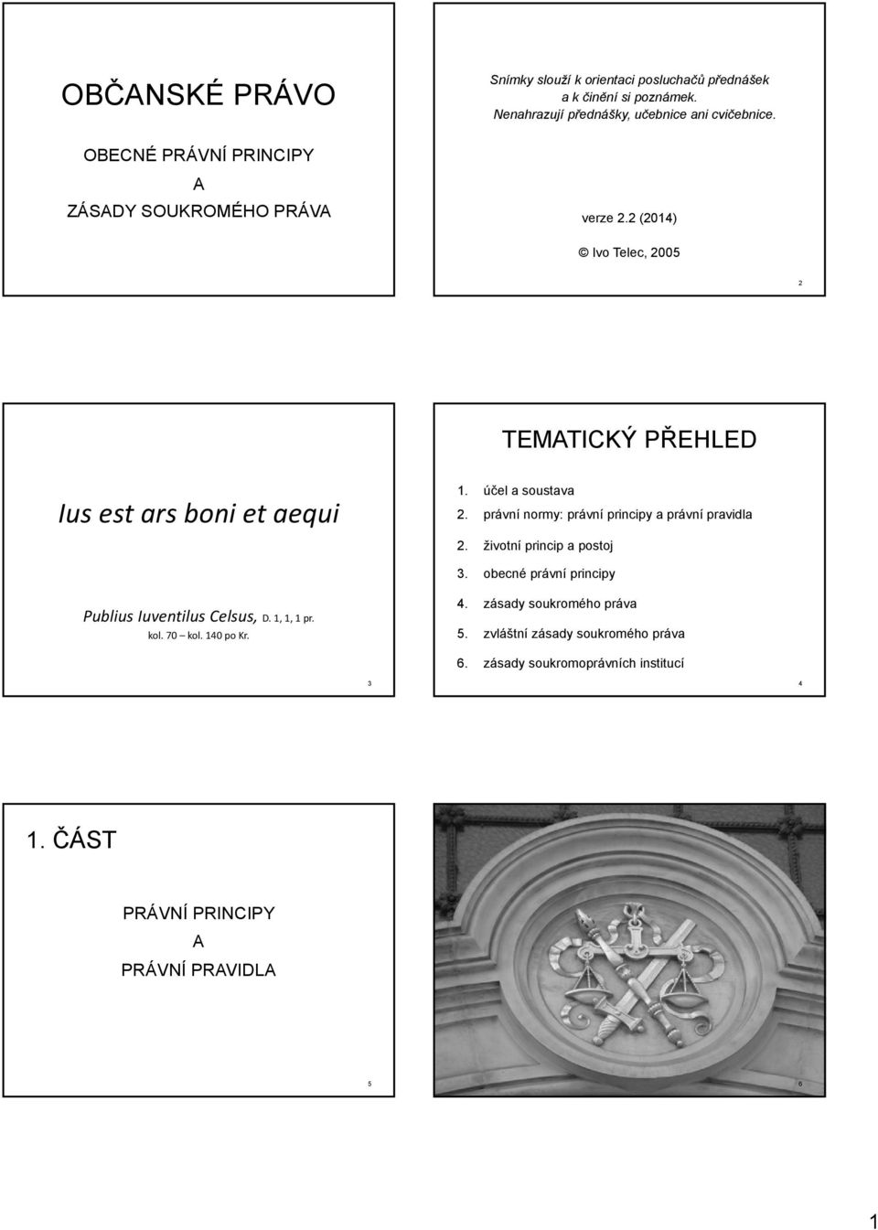 právní normy: právní principy a právní pravidla 2. životní princip a postoj 3. obecné právní principy Publius Iuventilus Celsus, D. 1, 1, 1 pr. kol.