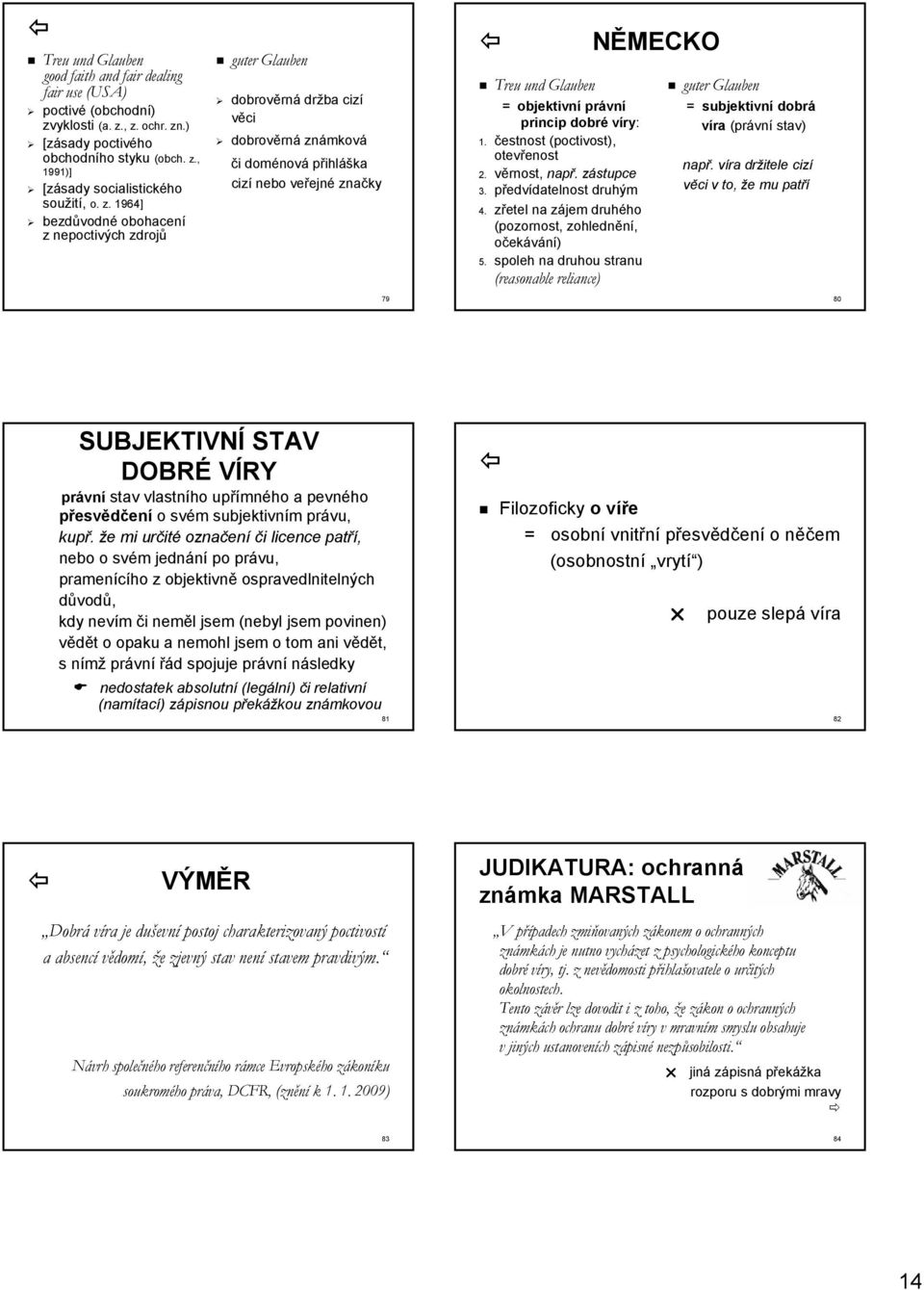 princip dobré víry: 1. čestnost (poctivost), otevřenost 2. věrnost, např. zástupce 3. předvídatelnost druhým 4. zřetel na zájem druhého (pozornost, zohlednění, očekávání) 5.