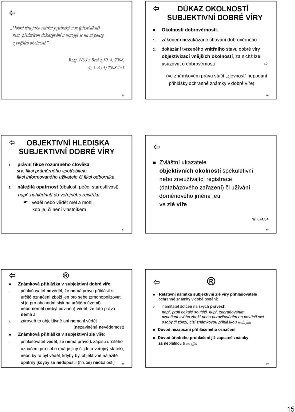 dokázání tvrzeného vnitřního stavu dobré víry objektivizací vnějších okolností, za nichž lze usuzovat o dobrověrnosti (ve známkovém právu stačí zjevnost nepodání přihlášky ochranné známky v dobré
