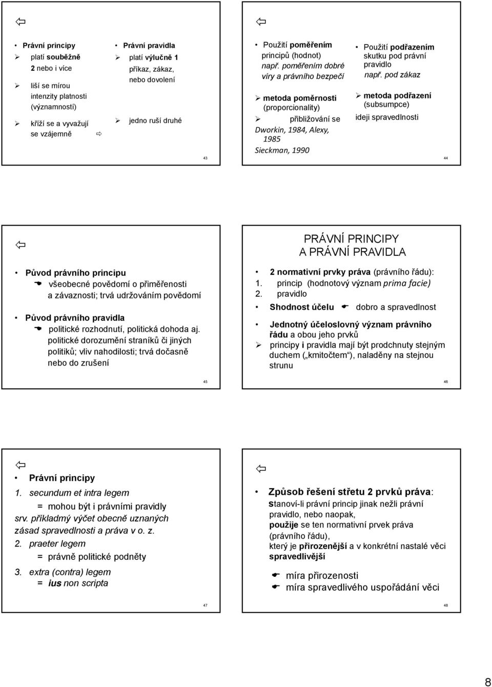 poměřením dobré víry a právního bezpečí metoda poměrnosti (proporcionality) přibližování se Dworkin, 1984, Alexy, 1985 Sieckman, 1990 Použití podřazením skutku pod právní pravidlo např.